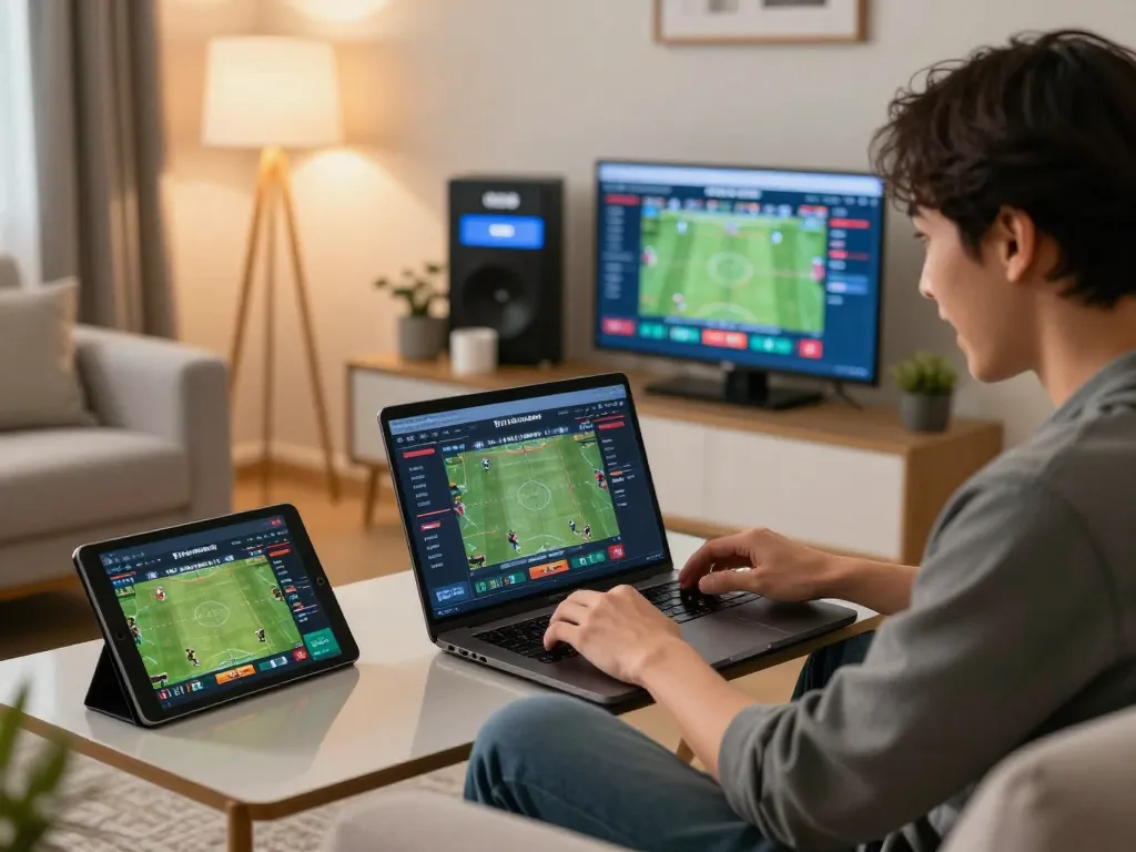 Betting enthusiast analyzes tỷ lệ kèo nhà cái on multiple devices during an exciting sports event.