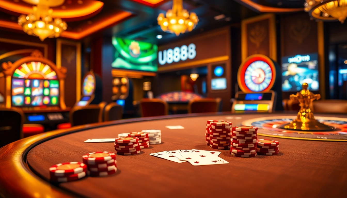 Players strategizing at a U8888 poker table with vibrant chips and a spinning roulette.