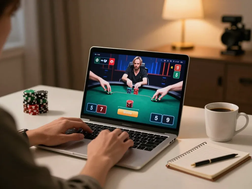 23winy user mastering poker strategy at stylish desk with focused online game interface.