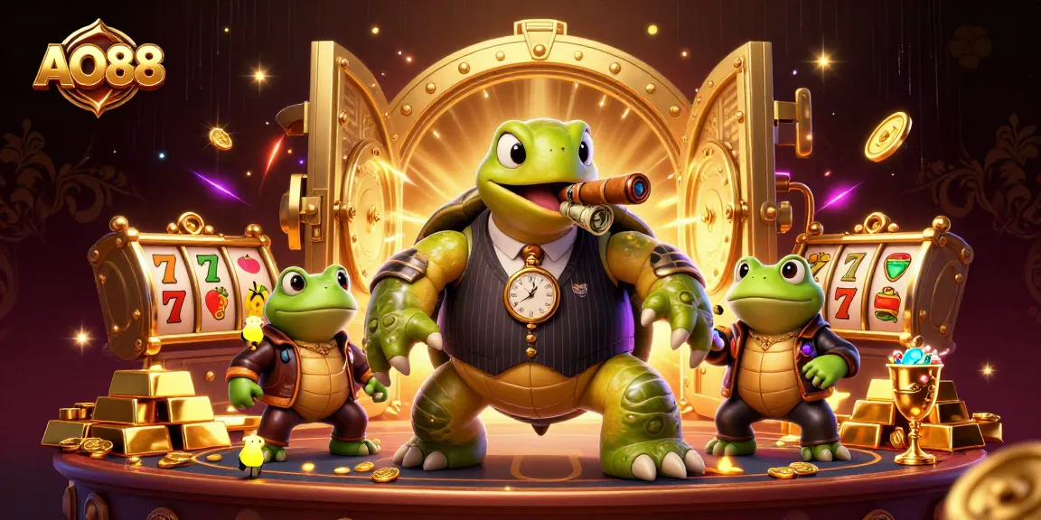 Engage with AO88's vibrant online casino world, featuring a snapping turtle in a vintage suit amidst slot game elements.