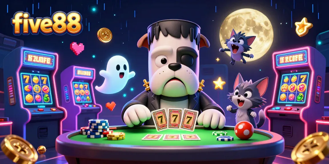 five88 engaging in a thrilling casino scene featuring a Frankenstein bulldog dealing cards