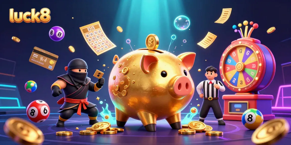 Join the fun with luck8 as the golden piggy bank sumo wrestler triumphs in a vibrant casino scene.