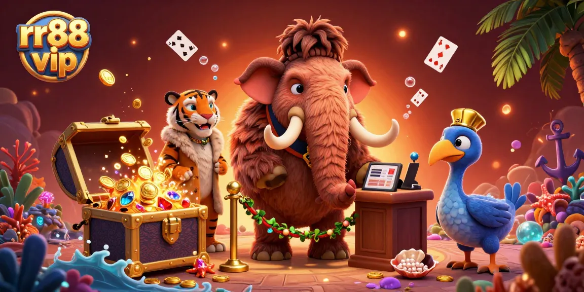 Join the rr88 vip experience at an extravagant casino scene with vibrant 3D characters and gems.
