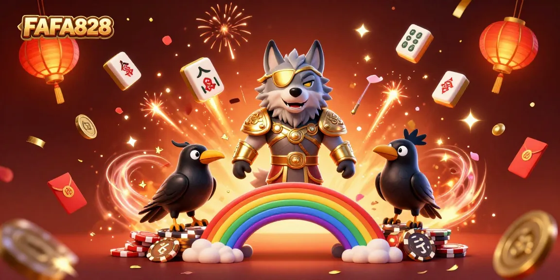 FAFA828 engages players with a vibrant 3D illustration showcasing mythical elements and casino-themed visuals.