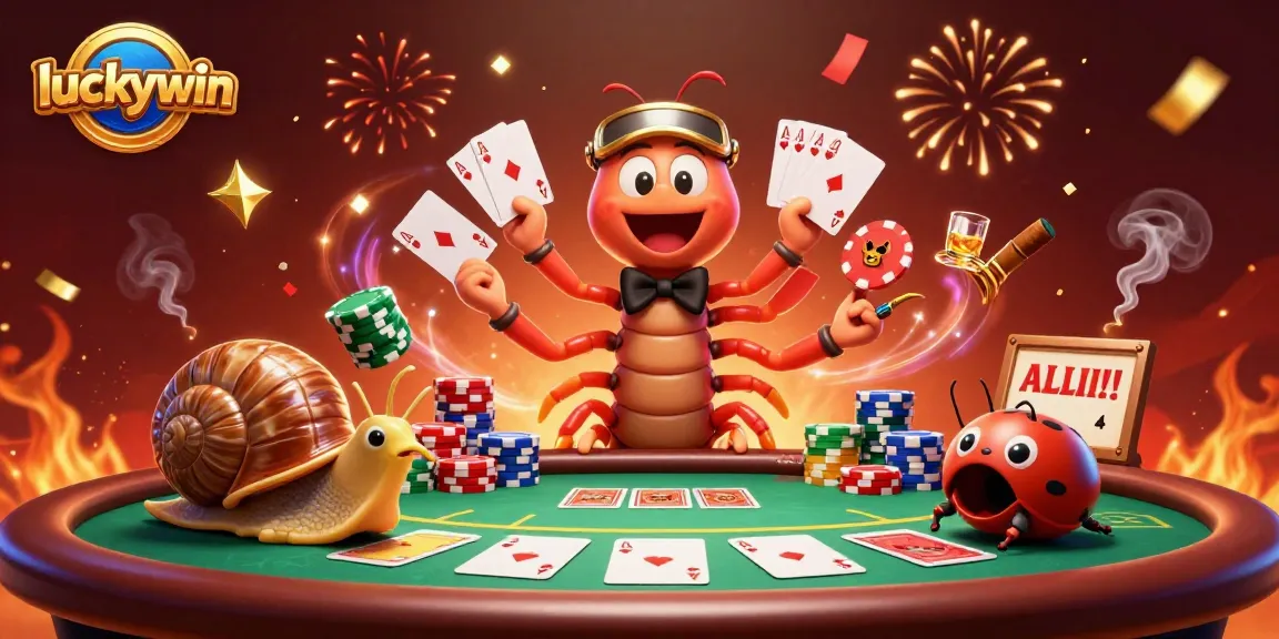 Experience the exciting world of luckywin with a vivid poker scene featuring a playful millipede dealer.