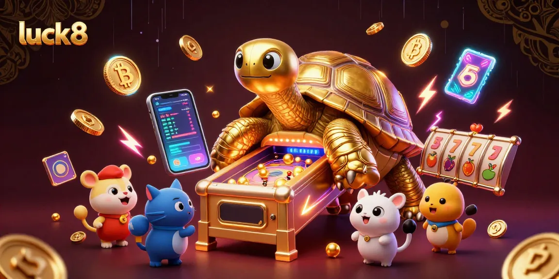 Play with luck8 at a dynamic casino scene featuring a colossal pinball tortoise and crypto elements.