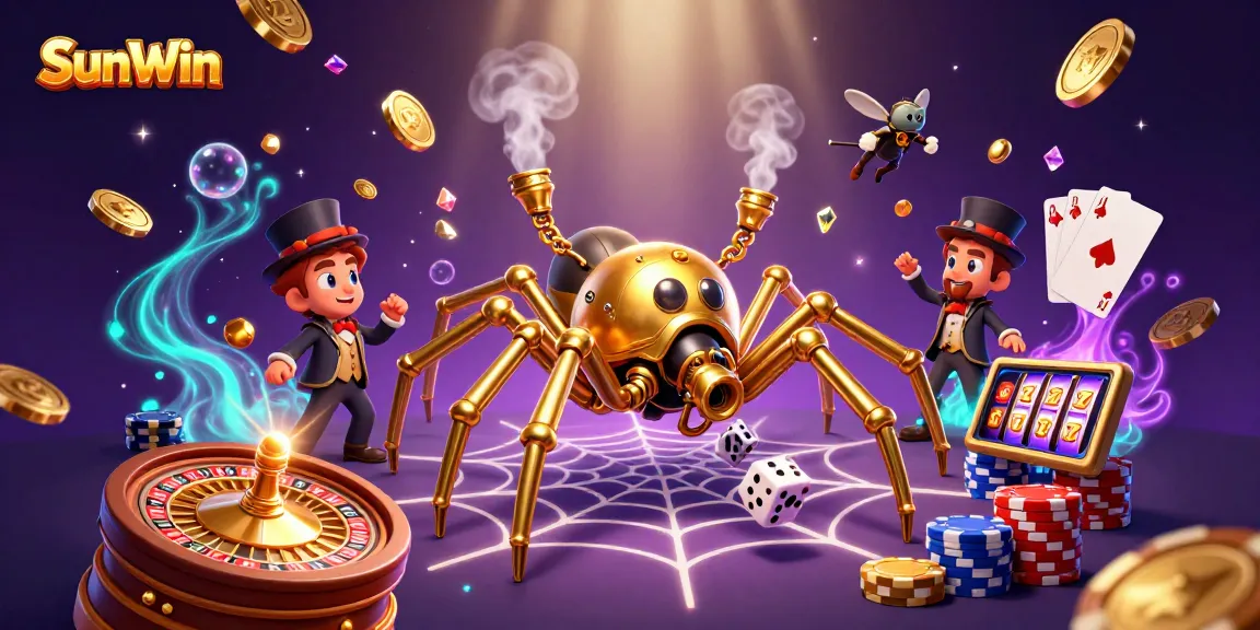 Experience the thrill of SunWin with this vibrant casino illustration depicting a steampunk spider, poker chips, and gleaming coins.