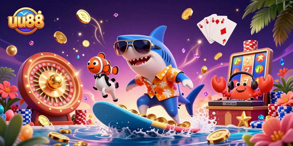 uu88 casino scene featuring a shark surfing coins with vibrant game elements in a lively underwater setting.