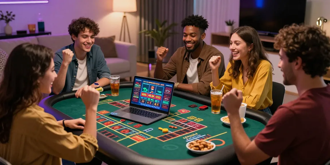 Online gaming experience showcasing a virtual roulette table and friends celebrating, referencing https://lctltd.co.uk with vibrant casino atmosphere.
