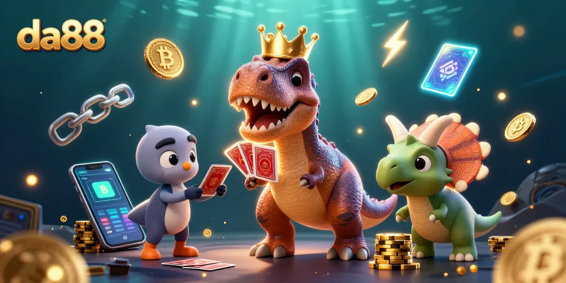 Experience da88's thrilling scene with a T-Rex shuffling cards and crypto elements.