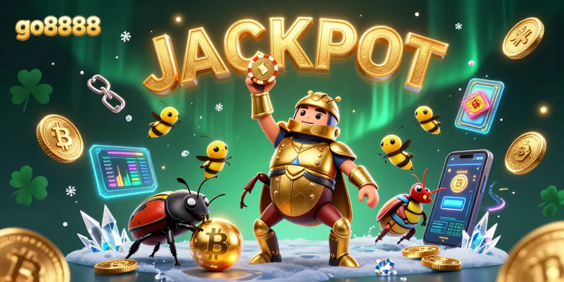 Win big with go8888, featuring a 3D hercules beetle celebrating a jackpot in this vibrant casino scene.
