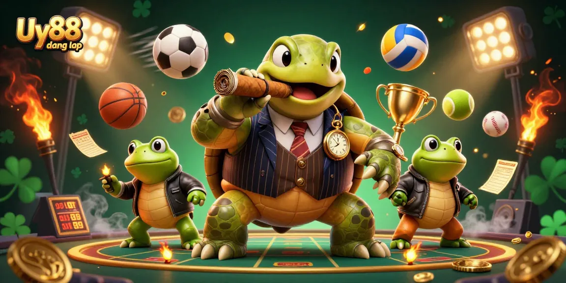 Place your bets confidently in Uy88 đăng nhập, featuring a vintage mobster turtle and frog enforcers surrounded by dynamic game elements.