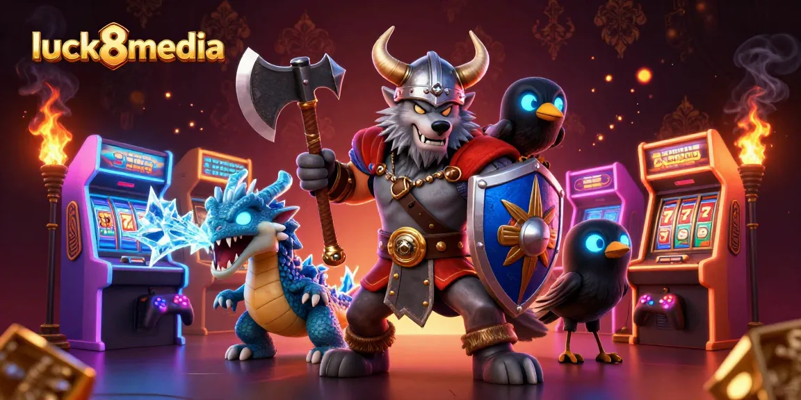 Engage with luck8media's thrilling slots and arcade fun featuring a fierce wolf warrior, dragon, and interactive gaming elements.