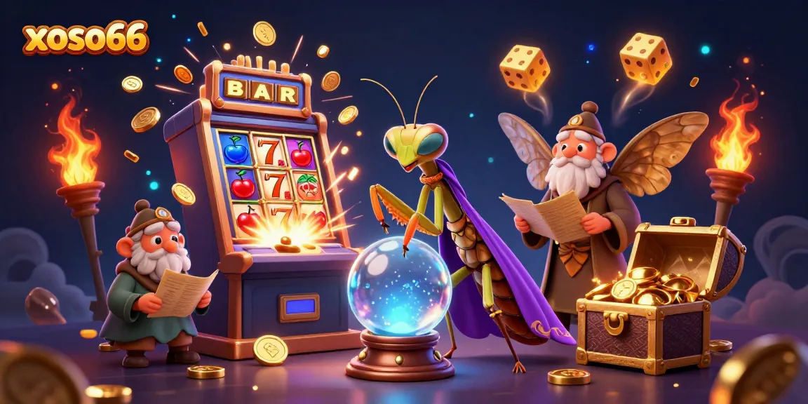 Experience the excitement of xoso66 with a vibrant 3D illustration depicting fortune tellers and casino elements.