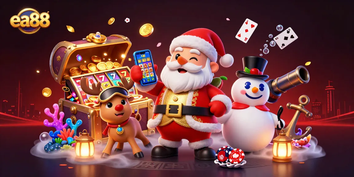 Spin and win with ea88 in a vibrant casino scene featuring Santa, reindeer, and snowman.