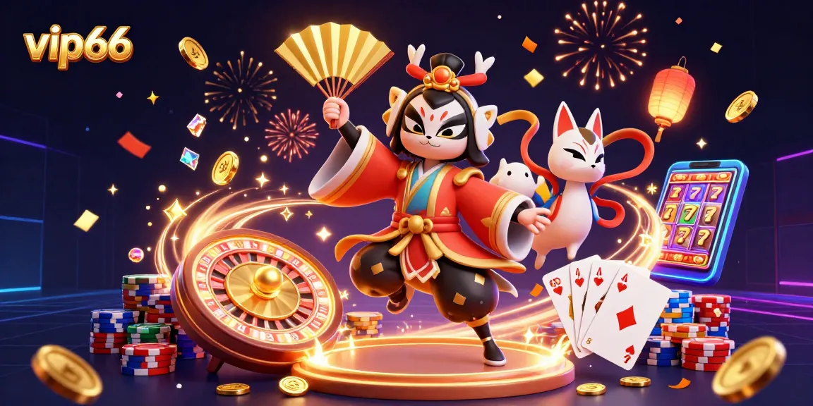 Experience the excitement of vip66 with an ultra-detailed 3D casino scene featuring cascading coins, slots, and gaming elements.