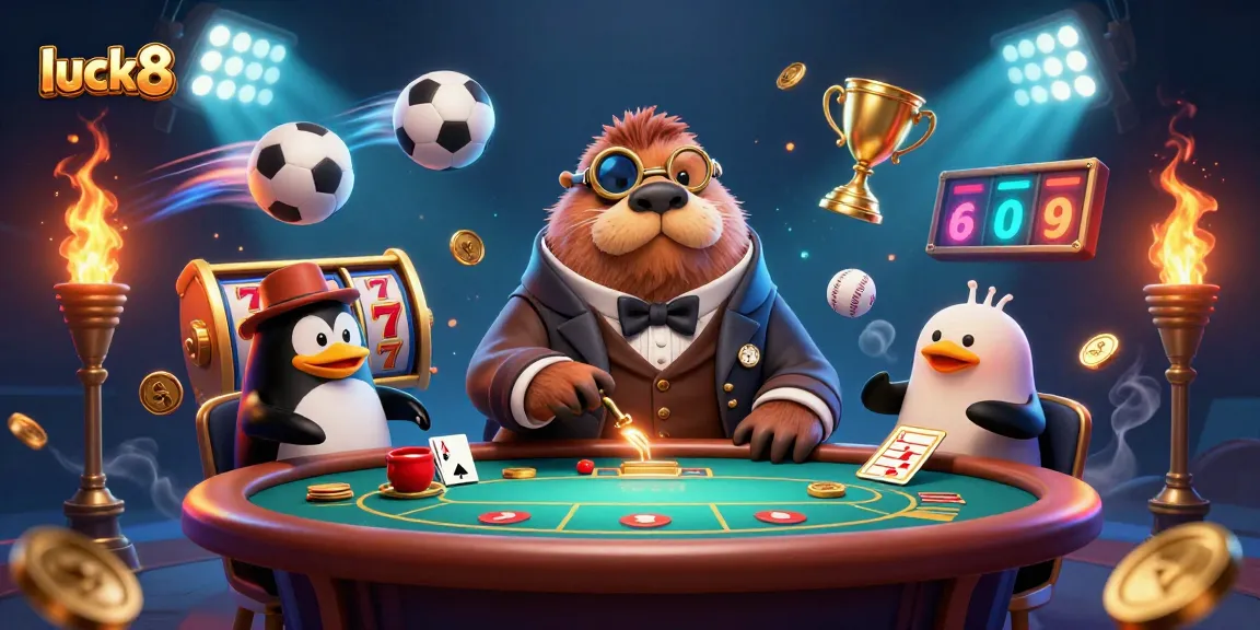 Experience luck8 at a vibrant underwater poker scene with a walrus, penguin, and pufferfish, capturing every thrilling moment.