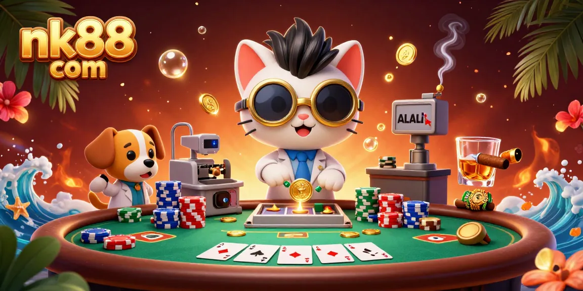 Experience thrilling gaming action at nk88 com with vibrant poker scene and animated characters.