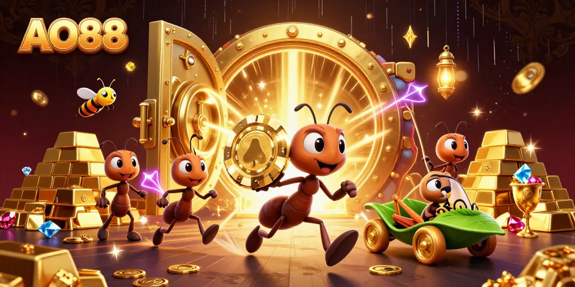 AO88 ants on a heist carrying a giant poker chip in a dynamic casino-themed scene.