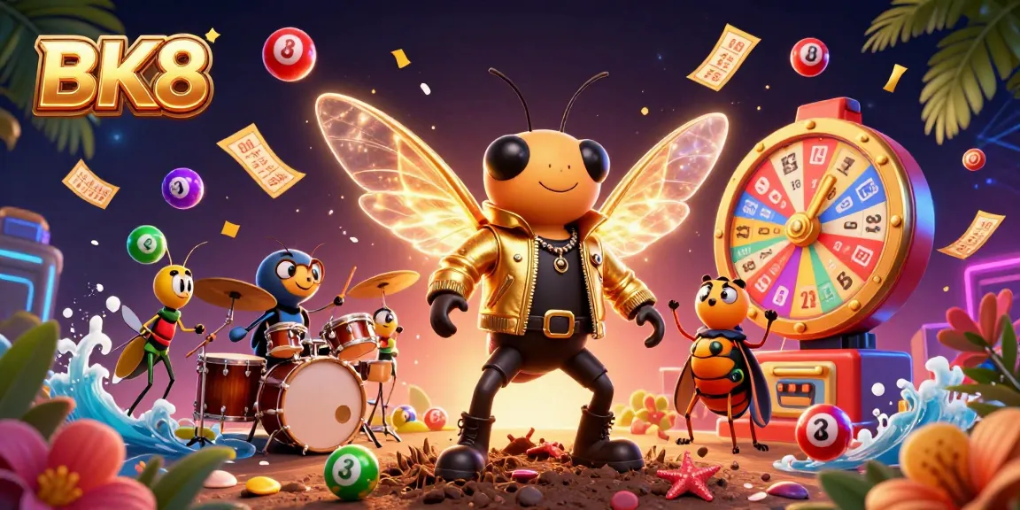 Experience BK8's vibrant online gaming world through this dynamic 3D scene with colorful lottery elements and a lively atmosphere.