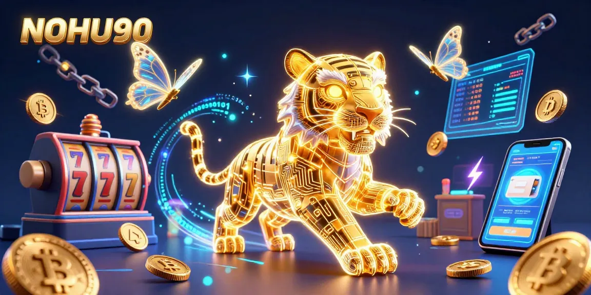Engage with NOHU90 in a vibrant casino landscape, featuring a neon tiger and crypto elements.